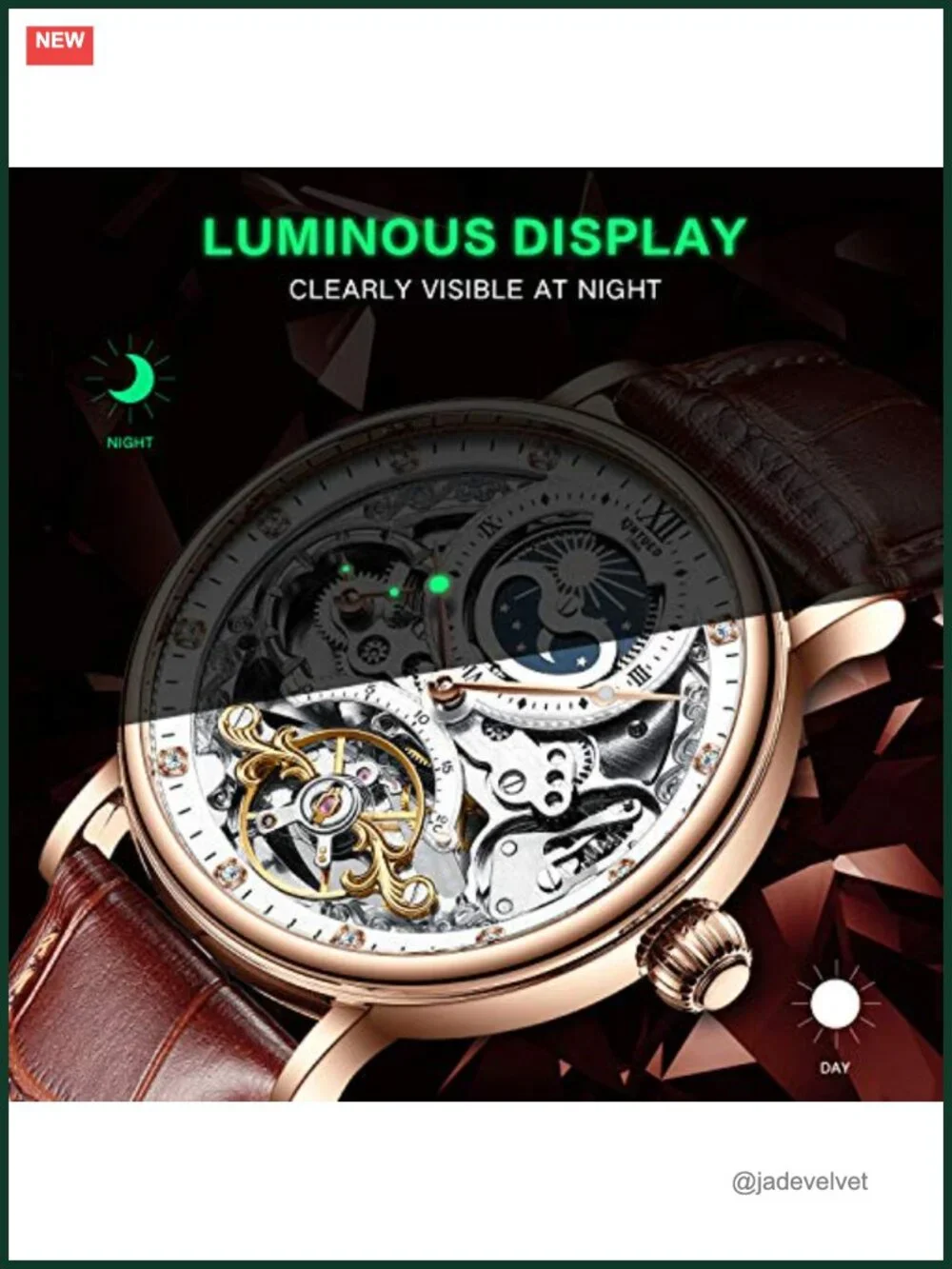 Men's Luxury Skeleton Automatic Mechanical Wrist Watch Leather Strap Moon Phase